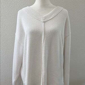 aerie White V-Neck Ribbed Knit Sweater